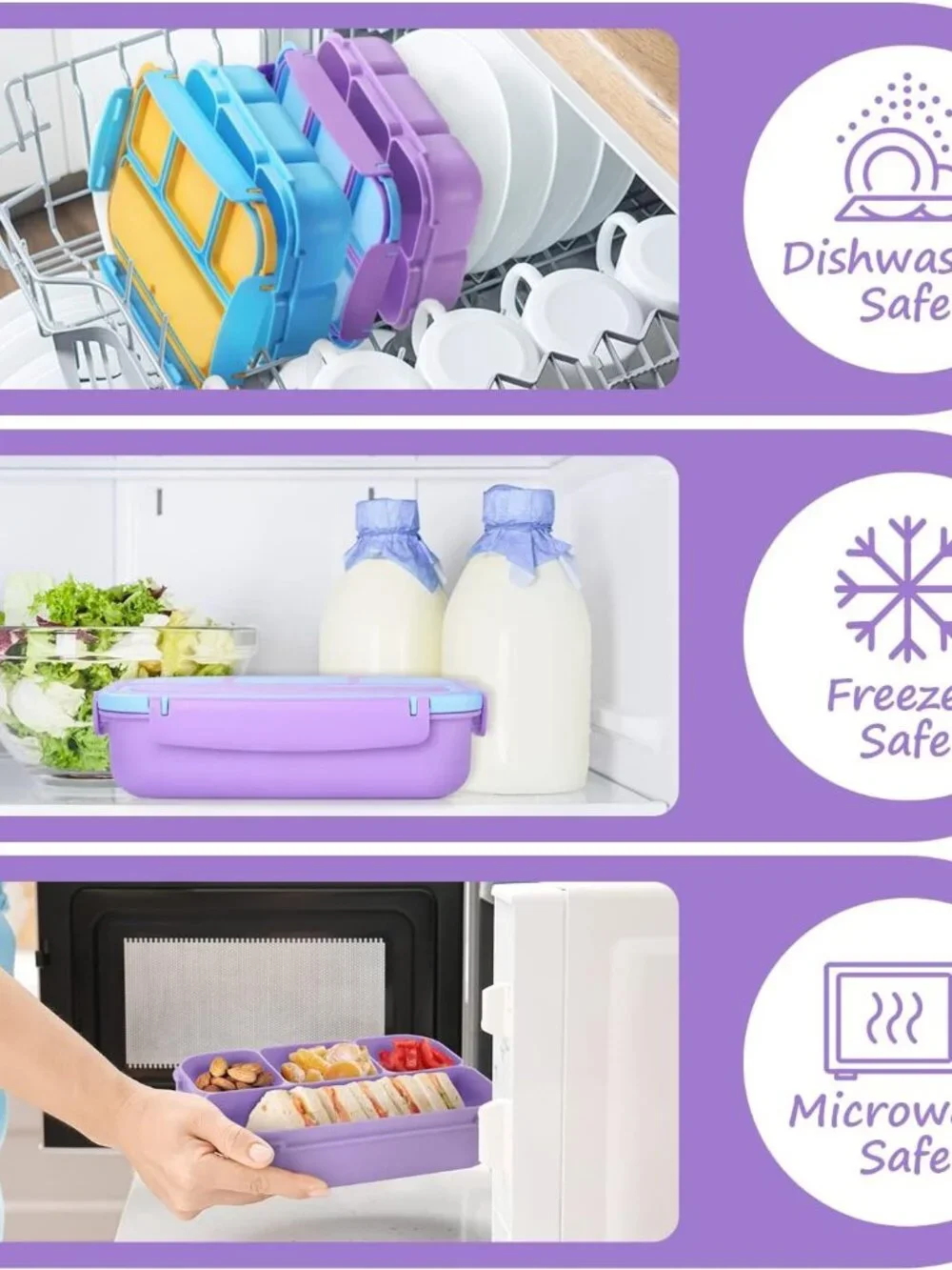 Bento Lunch Box Kids 4 Compartment Leakproof Lunch Container Purple 1200ml